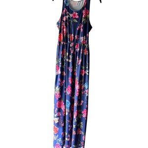 Women’s Floral Maxi Dress Sleeveless Summer Resortwear Size L Navy Blue